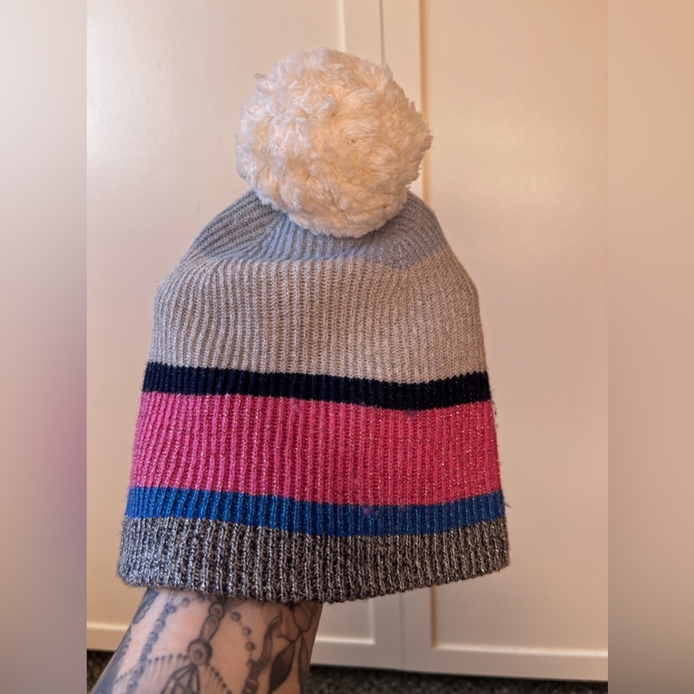 GAP Women's Striped Pom Pom Shimmery Winter Hat Beanie One Size